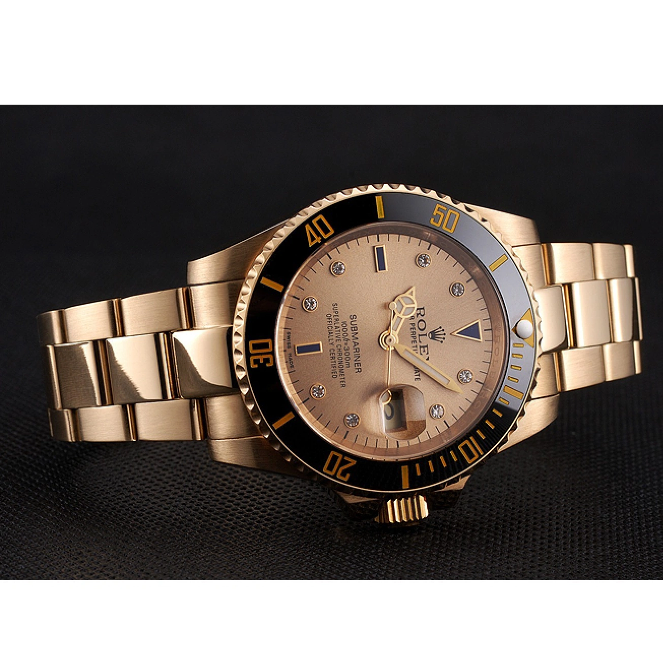 Aaa replica watch Markings With Case Yellow Swiss Diamond Black Dial Gold Submariner Bracelet Bezel Rolex Gold And 0530